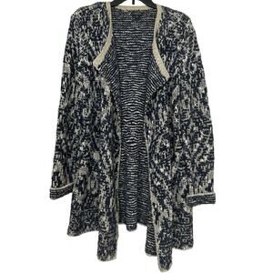 Lucky Brand XL Cotton Wool Blend Chunky Knit Open Front Cardigan Navy Cream Boho